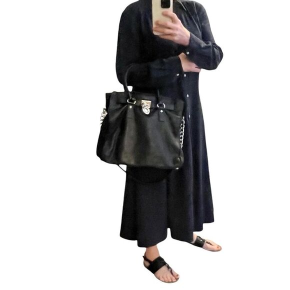 Michael Kors Black Hamilton Slouch Satchel Pebbled Soft Leather Silver Padlock - Picture 1 of 16